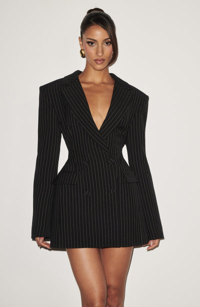 Elvira Mini Dress - Black Pinstripe