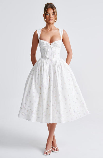 Marlena Midi Dress - White Multi Floral Print